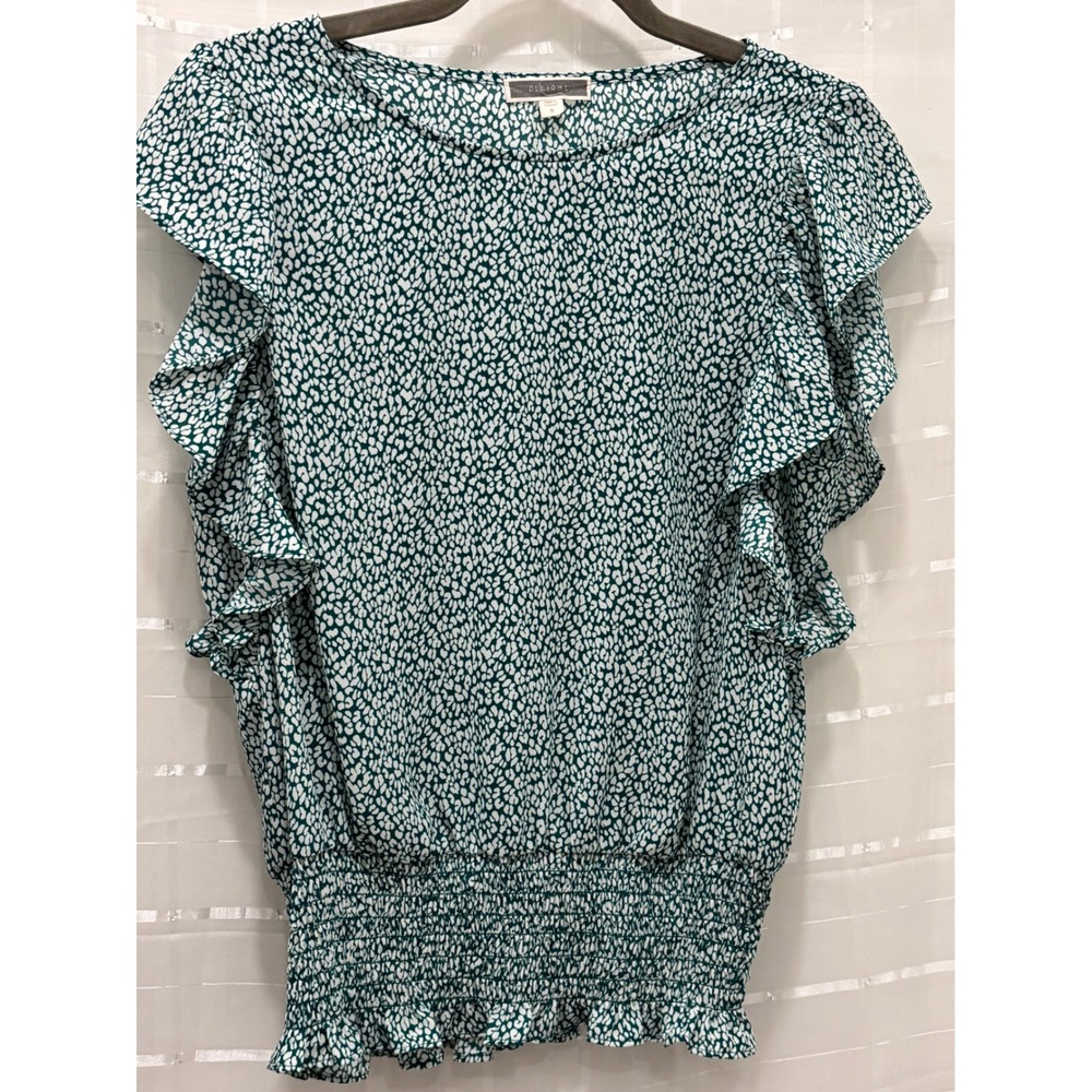 Pleione Womens Green White Print Ruffle Sleeve Smocked Waist Blouse S WQZ511451